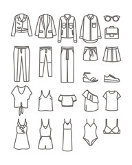 Set of clothes icons, thin line style. Clothing outline,monochrome icons in set collection for design.  