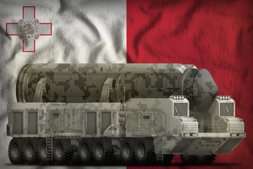 intercontinental ballistic missile with city camouflage on the Malta national flag background. 3d Illustration