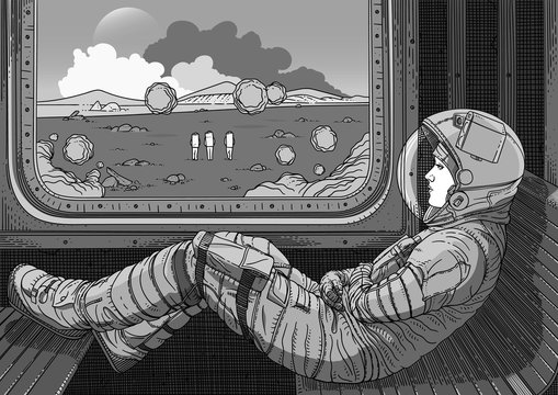 Girl On Train. Black And White Vector Illustration With Astronaut Traveling By Rail On Mars. Martian Landscape Outside Window. Colonization Of Red Planet. Fantastic World Of Future