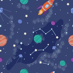 Obraz na płótnie Canvas Space exploration seamless pattern. Vector cosmos illustration background. 