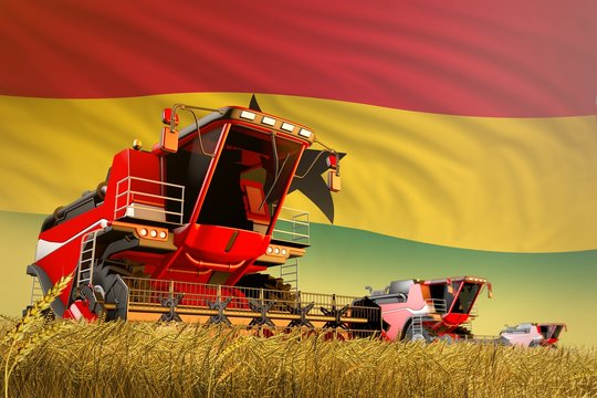 industrial 3D illustration of agricultural combine harvester working on rye field with Ghana flag background, food production concept