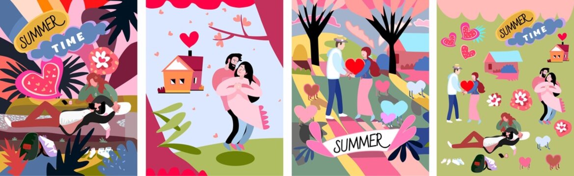 Summertime cute vector illustration with love couples. Cards for loved ones. Guy and girl in the warm season. St. Valentine's Day. Summer attributes and people at nature. Hearts and flowers.