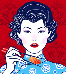 Retro Chinese Lady Holding Chopsticks. Vector, illustration