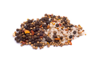 Mix of Different Spices, Colorful Peppers, Sea Salt Isolated On White Background