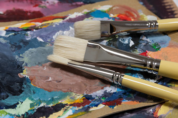 Brushes with bristles on the painting palette
