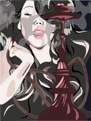 Beautiful woman smoking a hookah and smoke issues from the mouth. Vector illustration