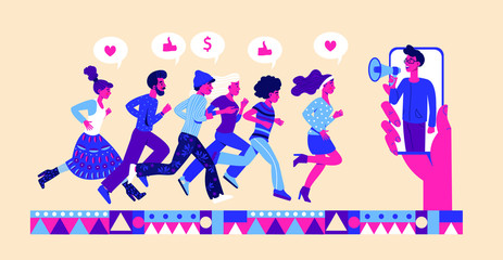 Refer a friend concept with a group of friends run to call a megaphone. Refer a friend loyalty program. Landing page, template, mobile app, poster, banner, flyer.