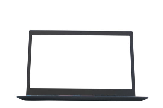 One black laptop with white screen isolated on white background