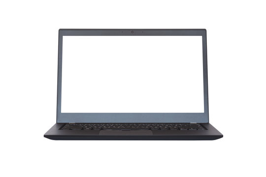 One black laptop with white screen isolated on white background