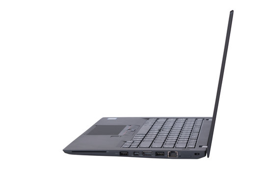 Side view of black laptop with black screen isolated on white background Clipping path