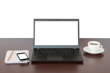 Brown desk with Laptop, notebook computer, mobile isolate on white background for business background