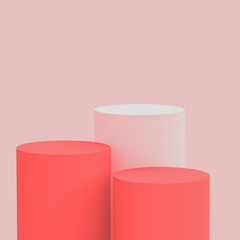 3d pink orange white cylinder podium minimal studio background. Abstract 3d geometric shape object illustration render. Display for cosmetic perfume fashion and summer holiday product.