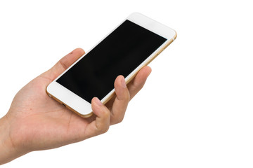 Hand holding gold smartphone on white background