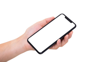 Hand holding new smartphone on white background