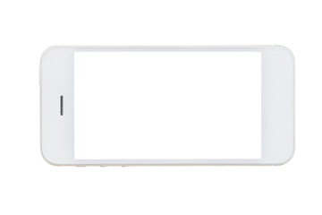 White mobile phone with white monitor isolated on white background in horizontal view