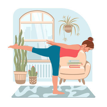 Woman doing yoga at home in modern interior. Stay home concept. Illustration for yoga, meditation, relax and healthy lifestyle. Vector illustration in flat cartoon style.