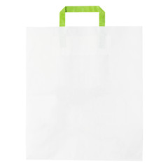 White paper bag with green handle isolated on white background