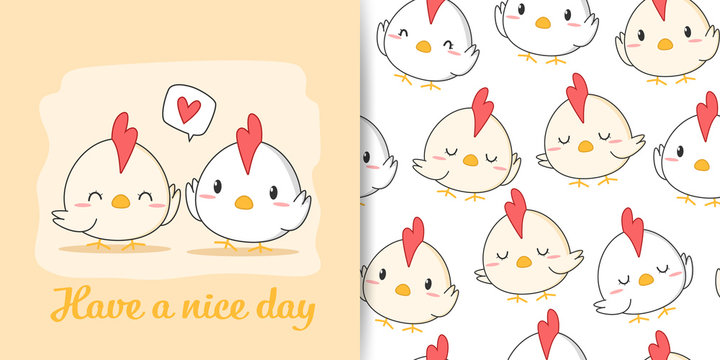 Cute Little Rooster Chicken Cartoon Doodle Seamless Pattern and  Cover Wallpaper Card Bundle
