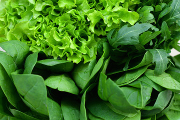Fresh Organic Raw Greens. Creative layout of green leaves. green crispy Lettuce salad, Spinach,...