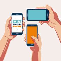 Male hand a man holds a smartphone in three different positions. Mockup template blank illustration.