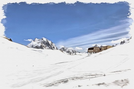 Dombay. Ski slope. Imitation of a picture. Oil paint. Illustration