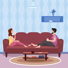 Young couple drinks coffee or tea in a cozy cute interior romantic mood on social distancing