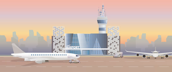 Obraz premium Modern airport. Runway. Airplane on the runway. Airport in a flat style. City silhouette. Vector illustration