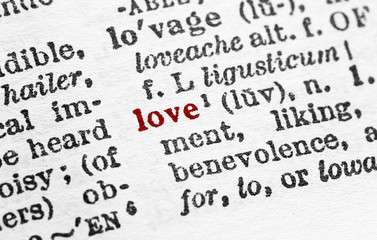 Love - Closeup macro of English dictionary page with word love concept