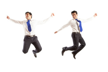 Fototapeta na wymiar Two poses of Young office corporate man jumping high spreading his arms with joy wearing blue tie isolated on a white background