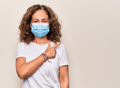Middle age woman wearing coronavirus protection mask for covid-19 epidemic virus smiling cheerful pointing with hand and finger up to the side