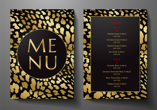 Menu black design template with gold animal print (leopard). Luxe black and gold frame pattern (border). Elegant cover useful for Creative Cafe Menu, restaurant, coffee house, invitation design