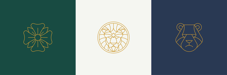 Vector line decoration design elements set - lion and bear heads illustrations simple minimal linear style