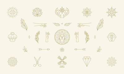 Vector line women decoration design elements set - women face and gesture hands illustrations simple linear style