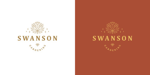 Rose flower petal line and branch with leaves vector logo emblem design template illustration simple minimal style