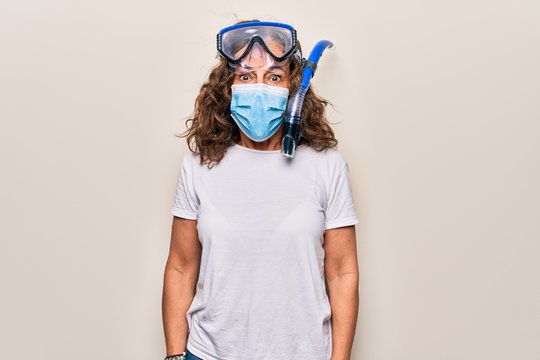 Middle age woman wearing coronavirus protection mask and diving gogles glasses as canceled vacation scared and amazed with open mouth for surprise, disbelief face