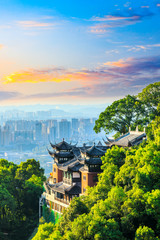 Temple architecture and city skyline in Chongqing,China. - obrazy, fototapety, plakaty