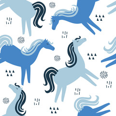 Horses, hand drawn backdrop. Colorful seamless pattern with animals. Decorative cute wallpaper, good for printing. Overlapping background vector. Design illustration