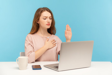 I swear! Honest responsible woman making loyalty promise oath and looking at laptop screen, talking...