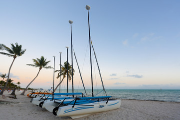 Beautiful sunrise at Smathers Beach with Palm Tree in foreground. Smathers Beach is the largest public beach in Key West, Florida, United States. It is approximately a half mile long