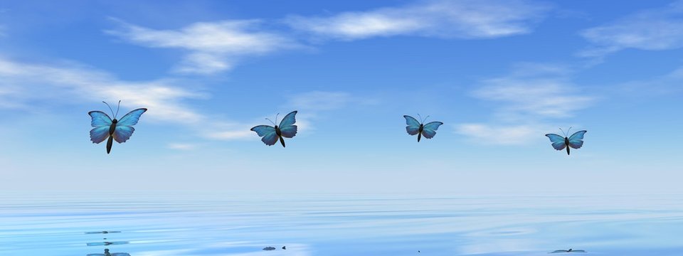 Blue butterflies flying to the horizon upon the ocean - 3D render