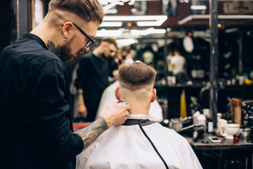 Rear view shot of handsome hairdresser cutting hair of male client. Hairstylist serving client at barber shop