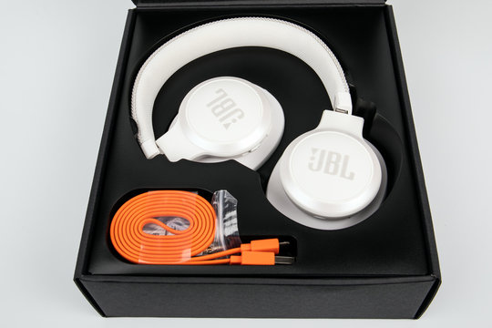 Headphones bluetooth JBL Live 500BT, new box with headphones on white  background Stock Photo | Adobe Stock