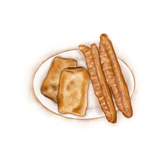 Watercolor Illustration of Chinese Cuisine - Flatbread and Fritters | 大饼油条
