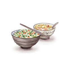 Watercolor Illustration of Chinese Cuisine - Bacon and Rice Bone Soup | 咸肉菜饭骨头汤
