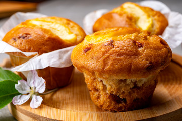 Fresh baked muffins with apple and cinnamon close up