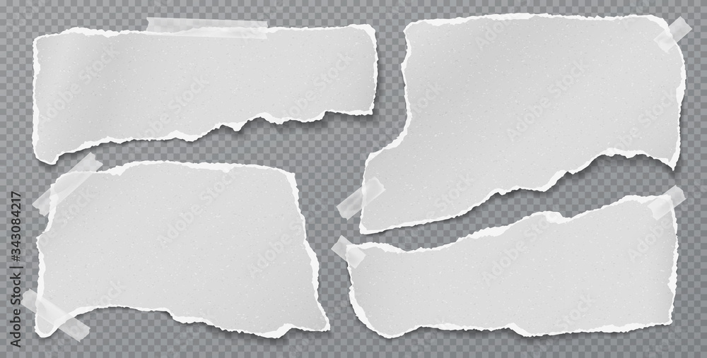 Poster torn of white note, notebook paper strips, pieces with soft shadow stuck with sticky tape on squared