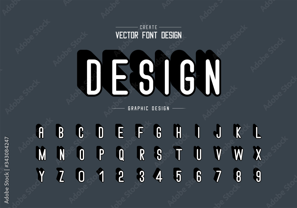 Poster shadow font and alphabet vector, letter style typeface and number design, graphic text on background