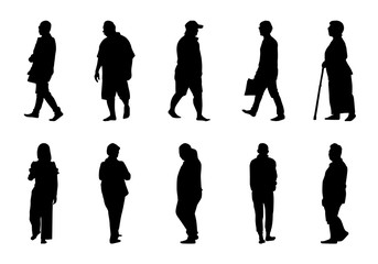 Silhouette people walking collection on white background, Black men and women vector set, Isolate different human illustration