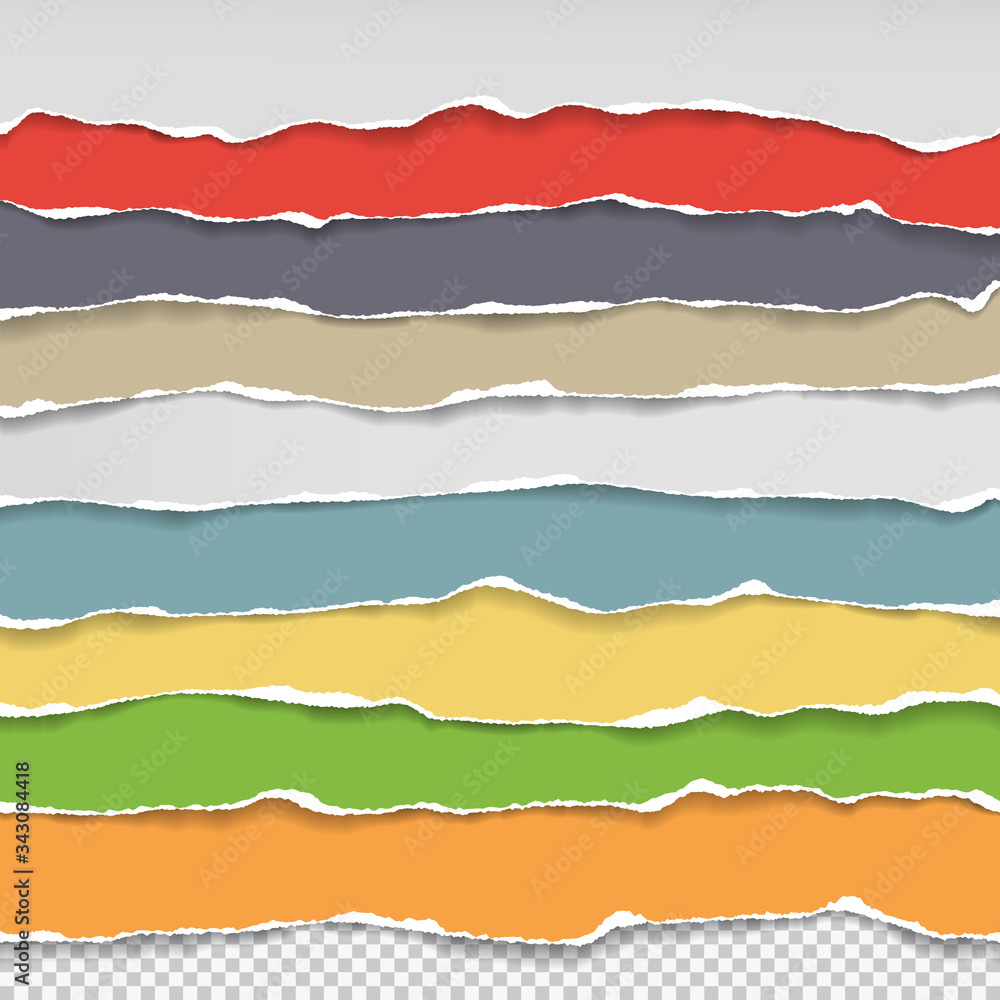 Poster pieces of torn, ripped horizontal colorful and white paper with soft shadow are on squared backgroun