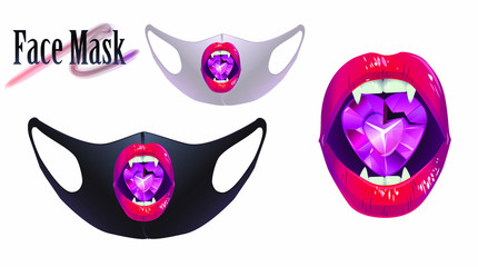 
Fashionable face mask design. Vampire lips with pink crystal heart. Realistic image of an elastic medical mask.